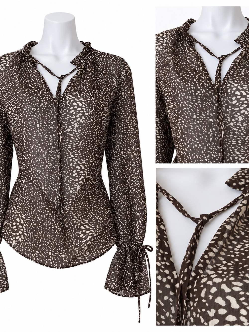 A.N.A. Brown & Cream Abstract Print Sheer Tie-Cuff Blouse NWT